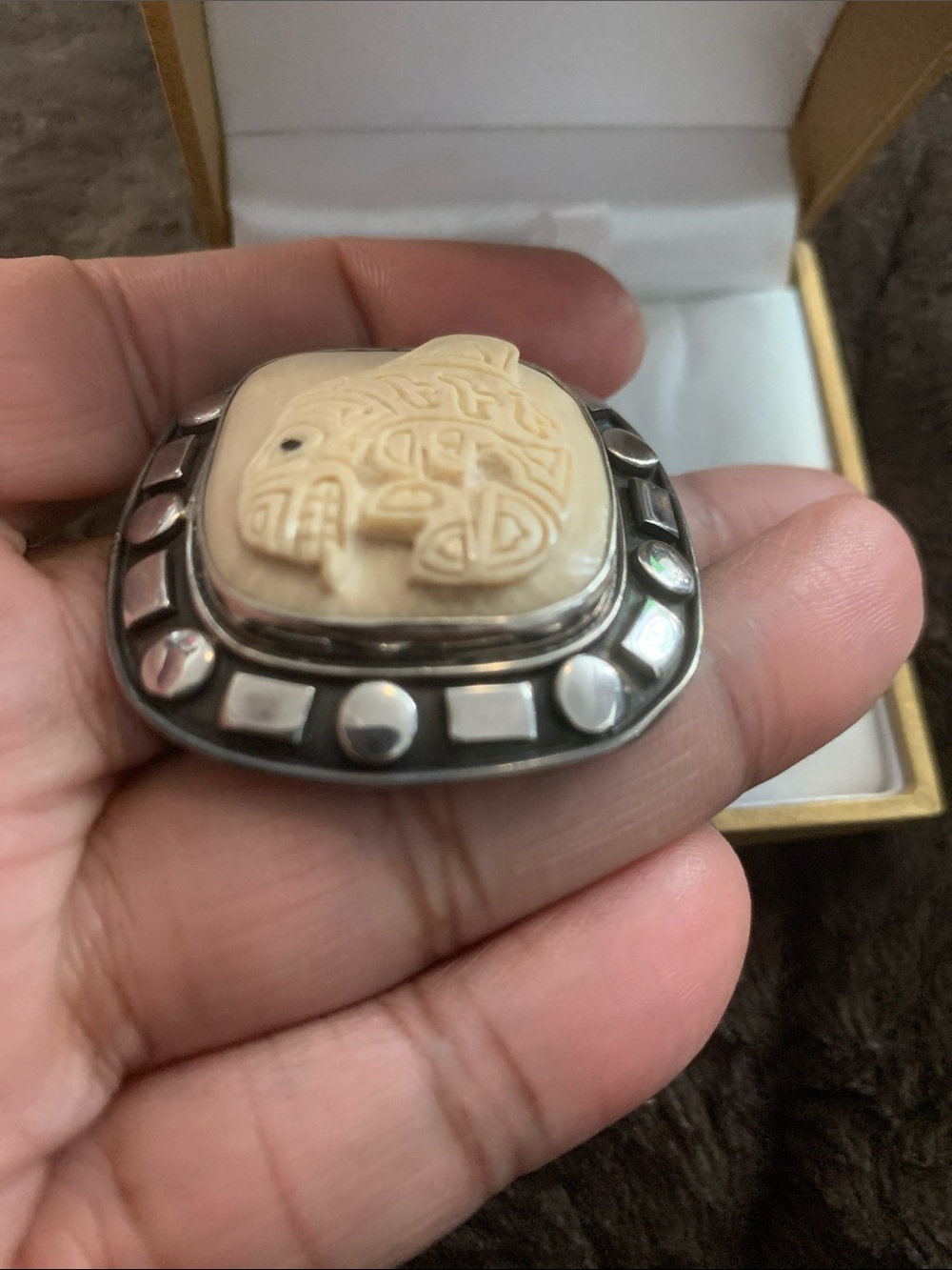 Vintage Korite Mammoth Carved Ivory Fish Motif Brooch/Pendant Sterling Silver - Picture 5 of 8